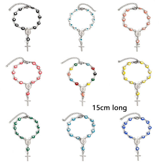 Picture of 304 Stainless Steel Religious Handmade Link Chain Bracelets Silver Tone Evil Eye Cross Double-sided Enamel 15cm(5 7/8") long