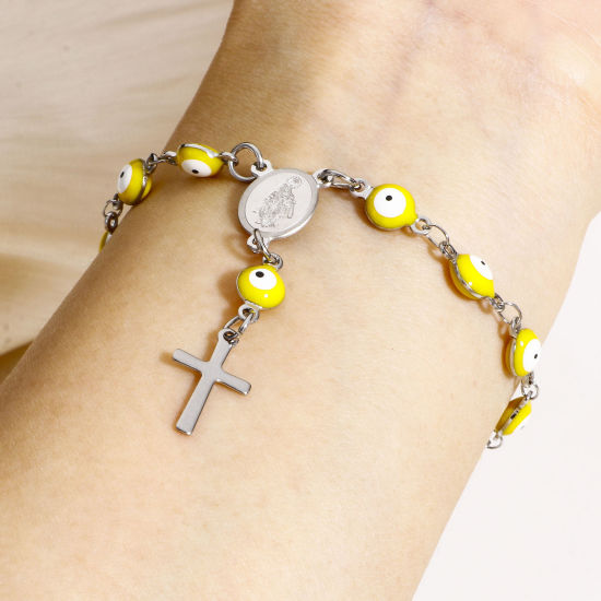 Picture of 304 Stainless Steel Religious Handmade Link Chain Bracelets Silver Tone Evil Eye Cross Double-sided Enamel 15cm(5 7/8") long
