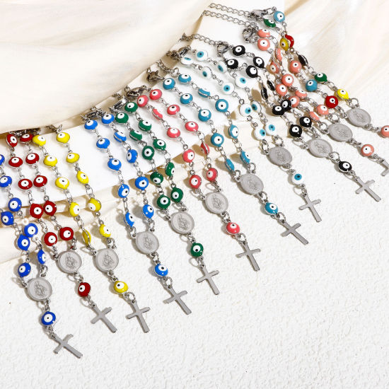Picture of 304 Stainless Steel Religious Handmade Link Chain Bracelets Silver Tone Evil Eye Cross Double-sided Enamel 15cm(5 7/8") long