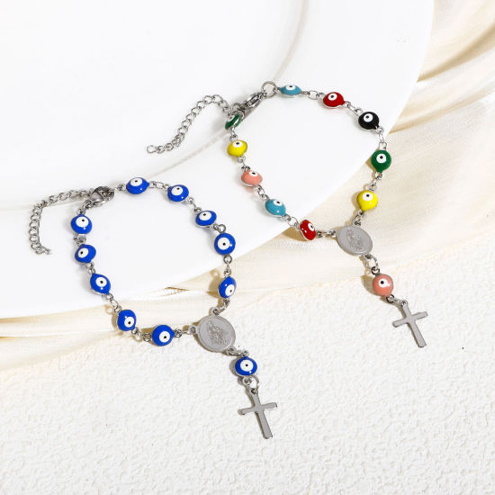 Picture of 304 Stainless Steel Religious Handmade Link Chain Bracelets Silver Tone Evil Eye Cross Double-sided Enamel 15cm(5 7/8") long