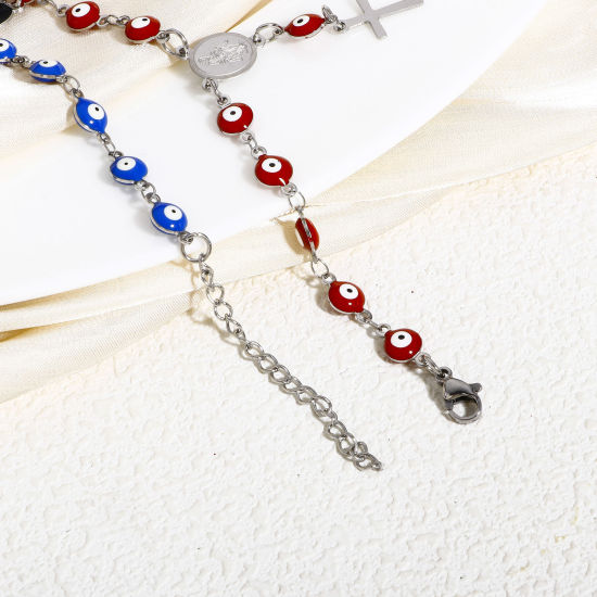 Picture of 304 Stainless Steel Religious Handmade Link Chain Bracelets Silver Tone Evil Eye Cross Double-sided Enamel 15cm(5 7/8") long