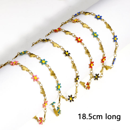 Picture of 304 Stainless Steel Valentine's Day Handmade Link Chain Bracelets Gold Plated Daisy Flower Heart Double-sided Enamel 18.5cm(7 2/8") long