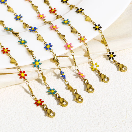 Picture of 304 Stainless Steel Valentine's Day Handmade Link Chain Bracelets Gold Plated Daisy Flower Heart Double-sided Enamel 18.5cm(7 2/8") long