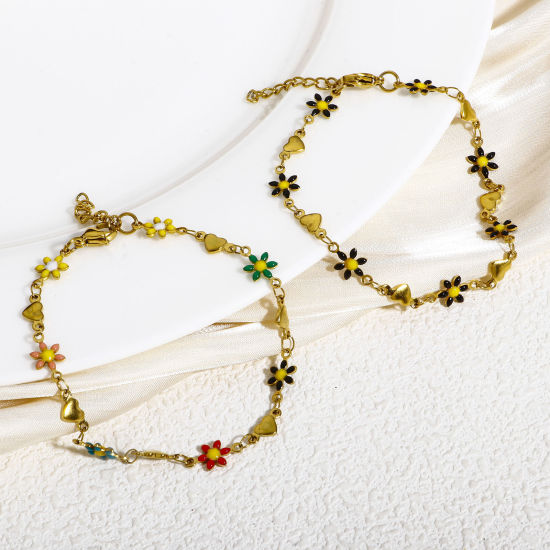 Picture of 304 Stainless Steel Valentine's Day Handmade Link Chain Bracelets Gold Plated Daisy Flower Heart Double-sided Enamel 18.5cm(7 2/8") long