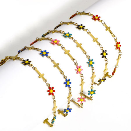Picture of 304 Stainless Steel Religious Handmade Link Chain Bracelets Gold Plated Cross Daisy Flower Double-sided Enamel 17.5cm(6 7/8") long