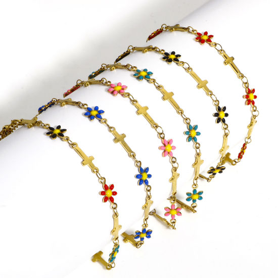 Immagine di 1 Pz 304 Acciaio Inossidabile Religione Catena a Maglia Fatta a Mano Braccialetti Oro Placcato Croce Fiore Margherita Smalto a Doppia Faccia 17.5cm Lunghezza