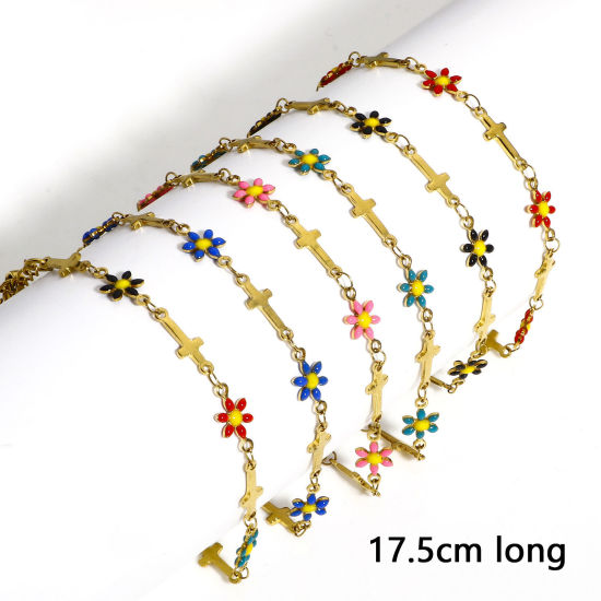 Immagine di 1 Pz 304 Acciaio Inossidabile Religione Catena a Maglia Fatta a Mano Braccialetti Oro Placcato Croce Fiore Margherita Smalto a Doppia Faccia 17.5cm Lunghezza