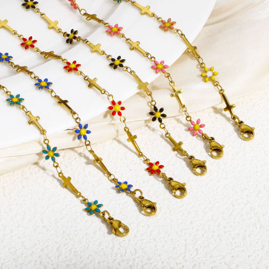 Immagine di 1 Pz 304 Acciaio Inossidabile Religione Catena a Maglia Fatta a Mano Braccialetti Oro Placcato Croce Fiore Margherita Smalto a Doppia Faccia 17.5cm Lunghezza