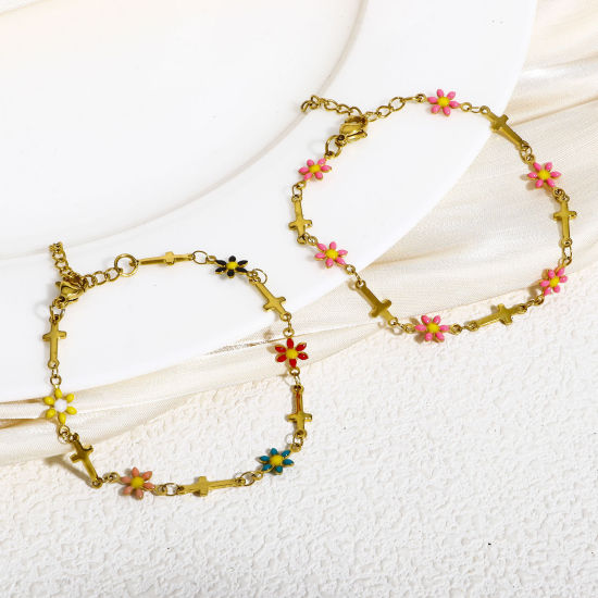 Immagine di 1 Pz 304 Acciaio Inossidabile Religione Catena a Maglia Fatta a Mano Braccialetti Oro Placcato Croce Fiore Margherita Smalto a Doppia Faccia 17.5cm Lunghezza