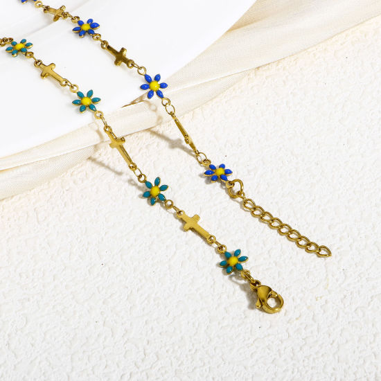 Immagine di 1 Pz 304 Acciaio Inossidabile Religione Catena a Maglia Fatta a Mano Braccialetti Oro Placcato Croce Fiore Margherita Smalto a Doppia Faccia 17.5cm Lunghezza