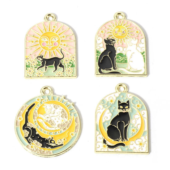 Picture of Zinc Based Alloy Gothic Charms Gold Plated Multicolor Cat Animal Sun & Moon