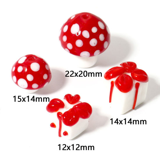 Bild von 2 Stück Muranoglas Perlen für die Herstellung von DIY-Charme-Schmuck Pilz Weiß & Rot 3D