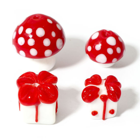 Picture of Lampwork Glass Beads For DIY Jewelry Making Mushroom White & Red 3D