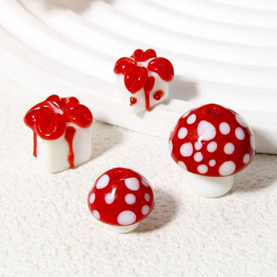 Picture of Lampwork Glass Beads For DIY Jewelry Making Mushroom White & Red 3D