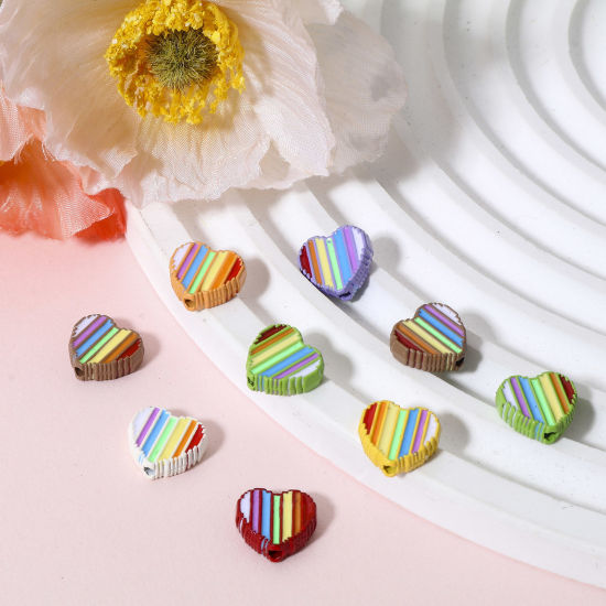 Picture of Zinc Based Alloy Valentine's Day Spacer Beads For DIY Charm Jewelry Making Multicolor Heart Rainbow Enamel About 11mm x 11mm