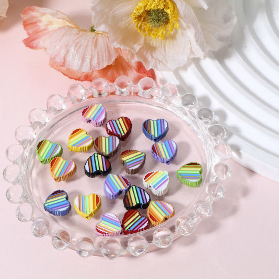 Bild von 5 Stück Zinklegierung Valentinstag Zwischenperlen Spacer Perlen für die Herstellung von DIY-Charme-Schmuck Bunt Herz Regenbogen Emaille ca. 11mm x 11mm, Loch:ca. 1.4mm