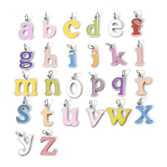 Immagine di 1 Pz 304 Acciaio Inossidabile Charms Lettere Minuscole Tono Argento Multicolore Messaggio " A-Z " Smalto