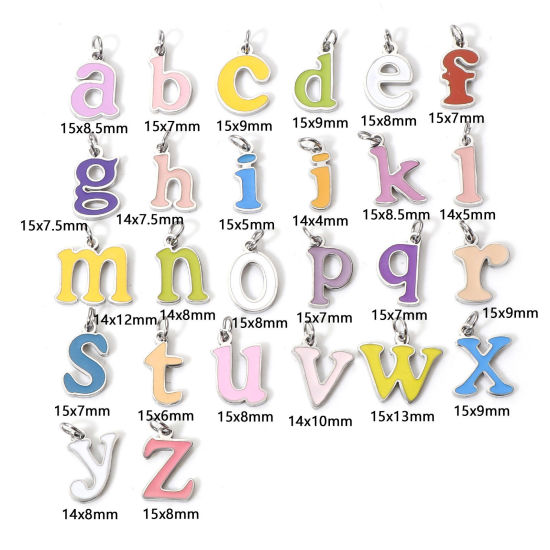 Immagine di 1 Pz 304 Acciaio Inossidabile Charms Lettere Minuscole Tono Argento Multicolore Messaggio " A-Z " Smalto