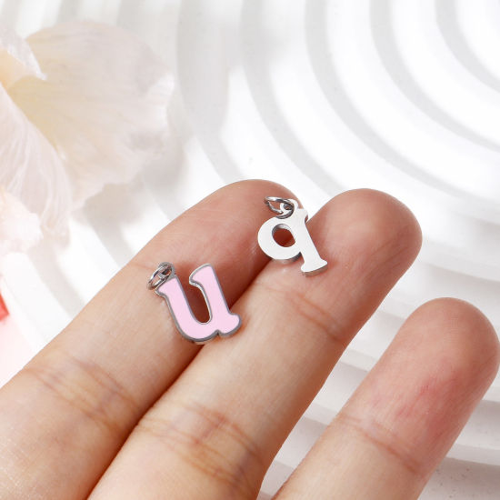 Immagine di 1 Pz 304 Acciaio Inossidabile Charms Lettere Minuscole Tono Argento Multicolore Messaggio " A-Z " Smalto