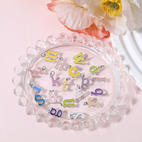 Immagine di 1 Pz 304 Acciaio Inossidabile Charms Lettere Minuscole Tono Argento Multicolore Messaggio " A-Z " Smalto