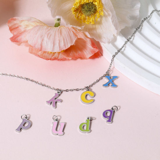 Immagine di 1 Pz 304 Acciaio Inossidabile Charms Lettere Minuscole Tono Argento Multicolore Messaggio " A-Z " Smalto