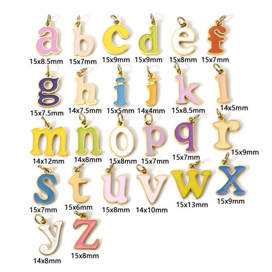 Immagine di 1 Pz 304 Acciaio Inossidabile Charms Lettere Minuscole Oro Placcato Multicolore Messaggio " A-Z " Smalto