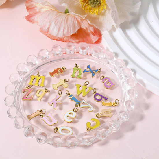 Immagine di 1 Pz 304 Acciaio Inossidabile Charms Lettere Minuscole Oro Placcato Multicolore Messaggio " A-Z " Smalto
