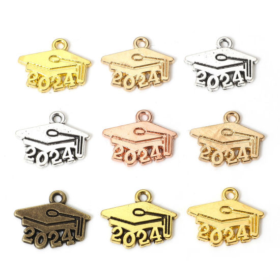 Picture of Zinc Based Alloy College Jewelry Charms Multicolor Trencher Cap Message " 2024 " 18mm x 15mm