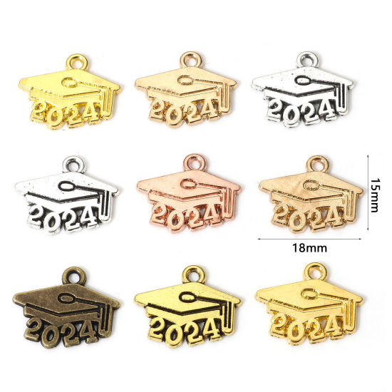 Picture of Zinc Based Alloy College Jewelry Charms Multicolor Trencher Cap Message " 2024 " 18mm x 15mm