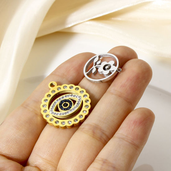 Immagine di 1 Pz 304 Acciaio Inossidabile Elegante Charms Tondo Oro Placcato Fiore Filigrana Trasparente Strass