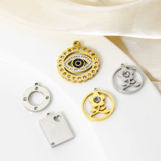 Immagine di 1 Pz 304 Acciaio Inossidabile Elegante Charms Tondo Oro Placcato Fiore Filigrana Trasparente Strass