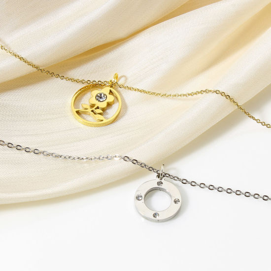 Immagine di 1 Pz 304 Acciaio Inossidabile Elegante Charms Tondo Oro Placcato Fiore Filigrana Trasparente Strass