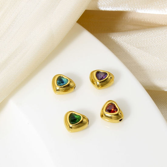 Bild von 1 Stück 304 Edelstahl Monatsstein Perlen für die Herstellung von DIY-Charme-Schmuck Herz Vergoldet Bunt Strass