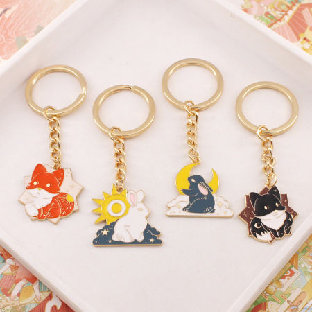 Japanese Style Keychain & Keyring Gold Plated Multicolor Rabbit Animal Moon Enamel