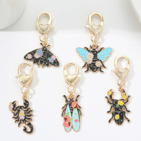 Insect Keychain & Keyring Gold Plated Multicolor Moth Flower Enamel
