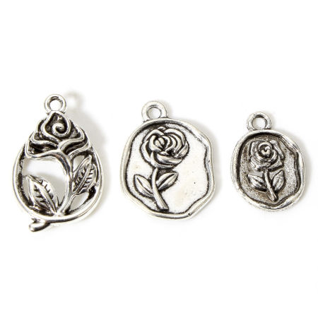 Zinc Based Alloy Charms Antique Silver Color Rose Flower