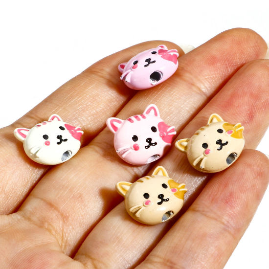 Picture of Zinc Based Alloy Spacer Beads For DIY Charm Jewelry Making Multicolor Cat Animal Enamel About 13mm x 11mm, Hole: Approx 2mm