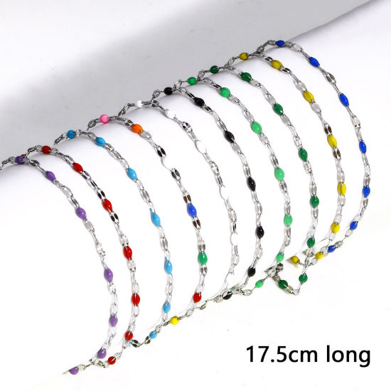 Immagine di 1 Pz 304 Acciaio Inossidabile Catena delle Labbra Braccialetti Tono Argento Smalto 17.5cm Lunghezza