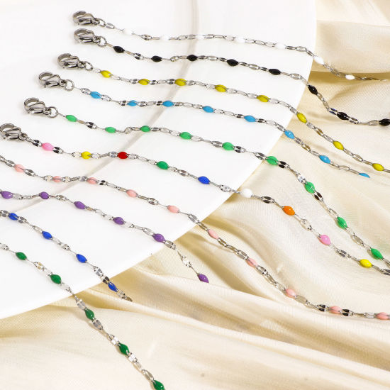 Immagine di 1 Pz 304 Acciaio Inossidabile Catena delle Labbra Braccialetti Tono Argento Smalto 17.5cm Lunghezza