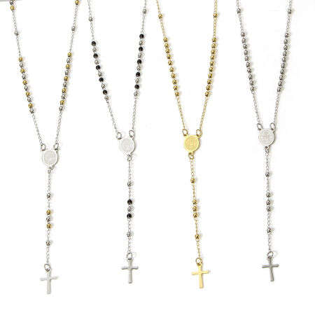 1 Pièce Collier Chapelet de Perles de Prière Chaîne à Maillons Faite à la Main en 304 Acier Inoxydable Religieux Croix Sainte Vierge Marie 53cm Long
