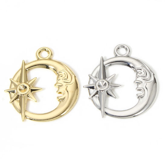 Picture of Brass Galaxy Pendants Real Gold Plated Half Moon Star Hollow 3.4cm x 3cm                                                                                                                                                                                      
