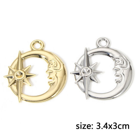 Picture of Brass Galaxy Pendants Real Gold Plated Half Moon Star Hollow 3.4cm x 3cm                                                                                                                                                                                      