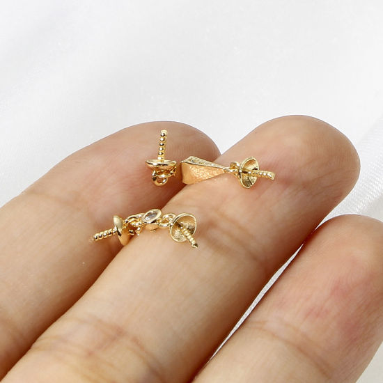 Immagine di 2 Pz Ottone Micro Intarsio Connettore Ciondolo Perla Bail Pin Cap Vero Oro Placcato Trasparente Cubic Zirconiae