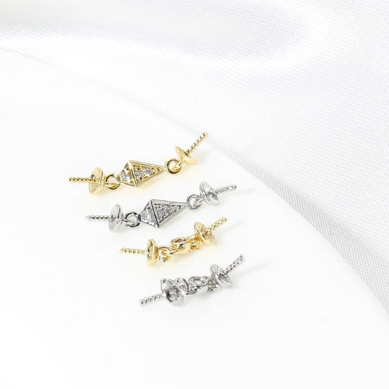 Immagine di 2 Pz Ottone Micro Intarsio Connettore Ciondolo Perla Bail Pin Cap Vero Oro Placcato Trasparente Cubic Zirconiae