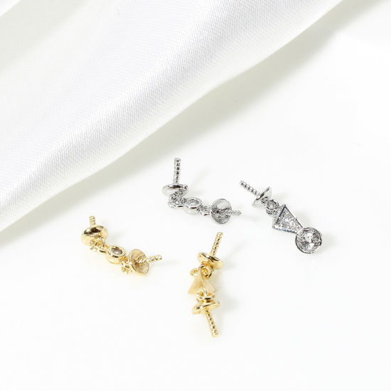 Immagine di 2 Pz Ottone Micro Intarsio Connettore Ciondolo Perla Bail Pin Cap Vero Oro Placcato Trasparente Cubic Zirconiae