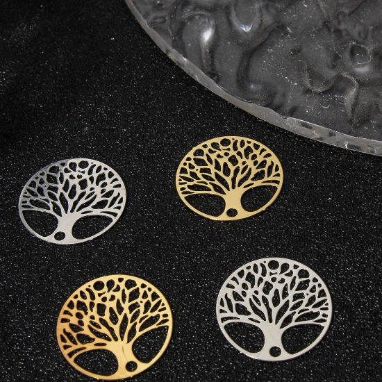 Picture of Iron Based Alloy Filigree Stamping Connectors Charms Pendants Multicolor Round Tree of Life Hollow 20mm Dia.