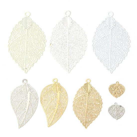 Picture of Iron Based Alloy Filigree Stamping Pendants Multicolor Leaf Hollow