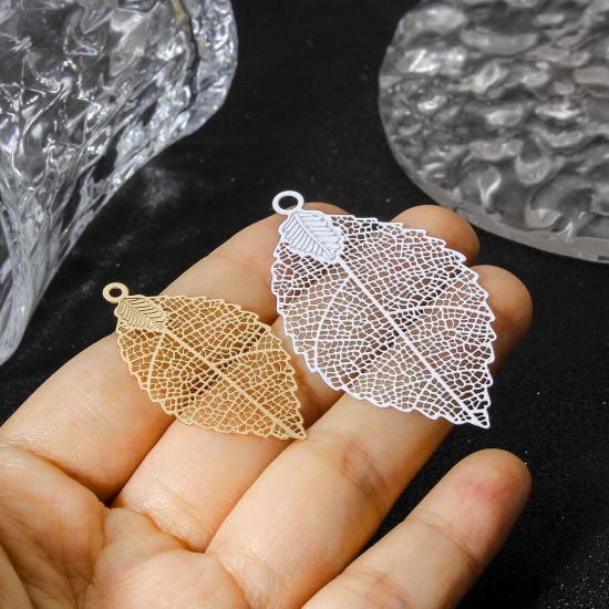 Picture of Iron Based Alloy Filigree Stamping Pendants Multicolor Leaf Hollow