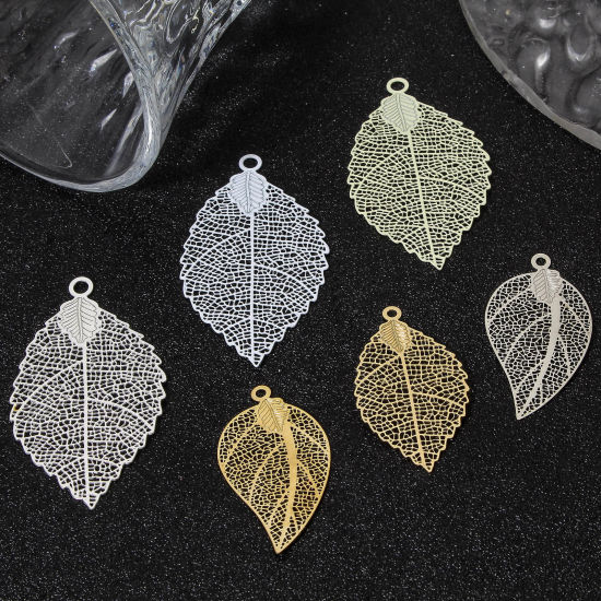 Picture of Iron Based Alloy Filigree Stamping Pendants Multicolor Leaf Hollow