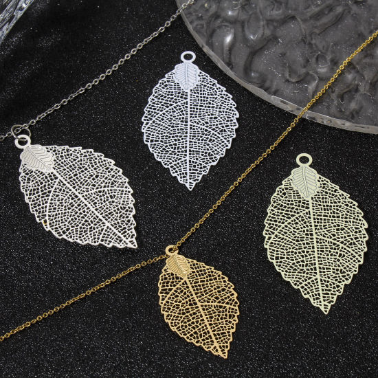 Picture of Iron Based Alloy Filigree Stamping Pendants Multicolor Leaf Hollow